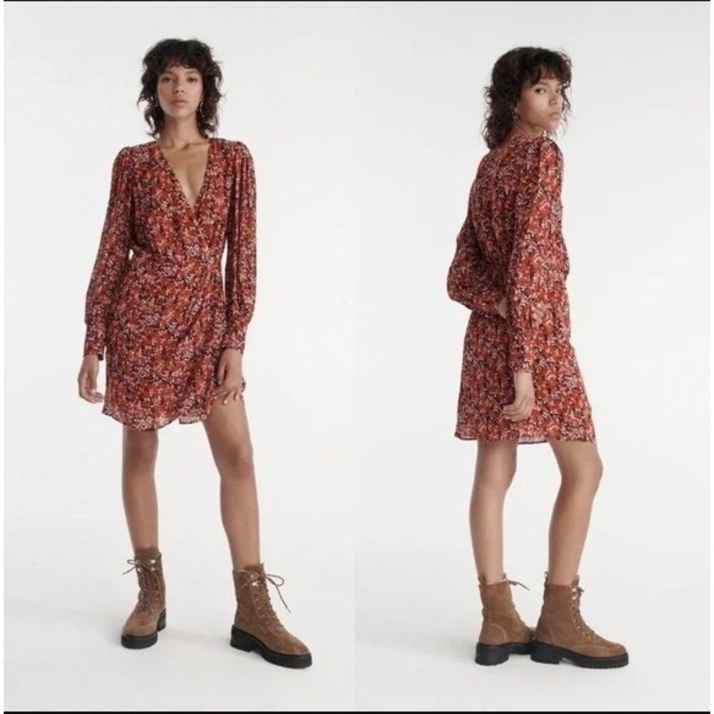The Kooples Dress Womens Large Red Floral Wrap Long Sleeve V Neck Viscose
